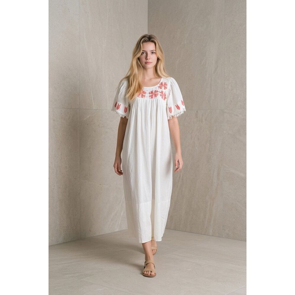 NWT Bellerose Embroidered Cotton Maxi Dress White Boho Fringe Sleeve Size 4-6 (0